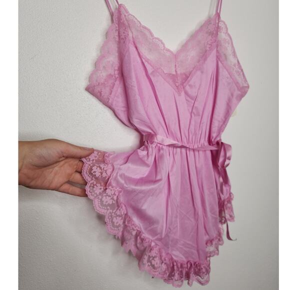 Vintage 70s 80s Gilligan O Malley Bodysuit One Piece Slip Romper Teddy Pink Lace - Picture 3 of 7